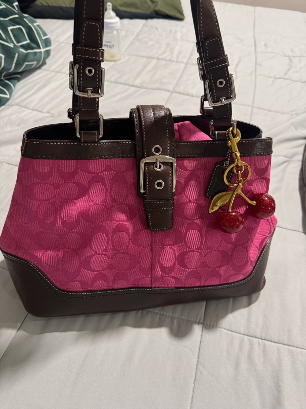 Coach Pink Signature Canvas Tote with Brown Leather Trim